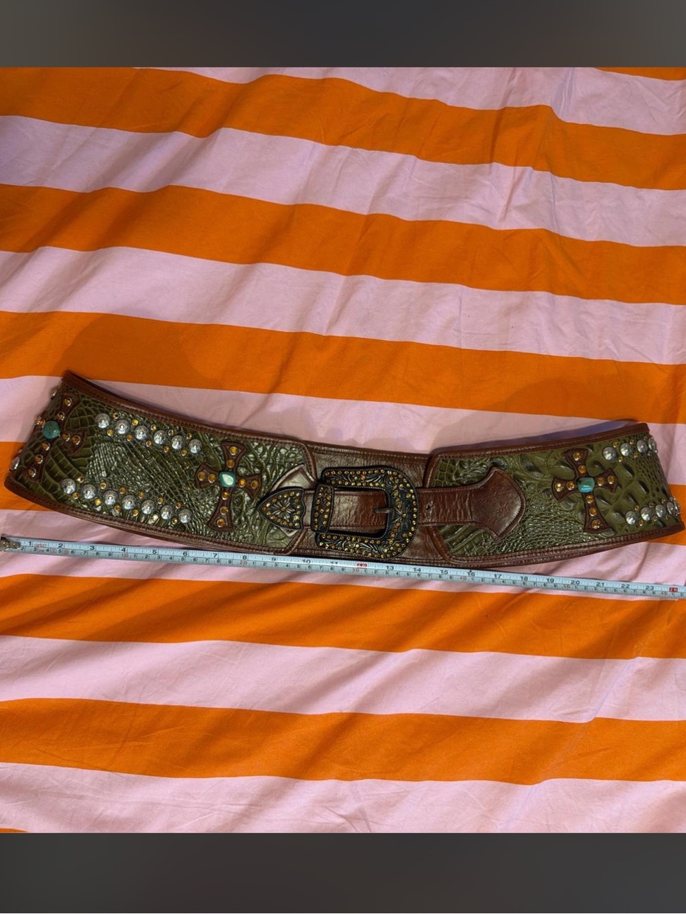 Kurtmen leather alligator belt studs crystals turquoise cross statement belt - Picture 4 of 16